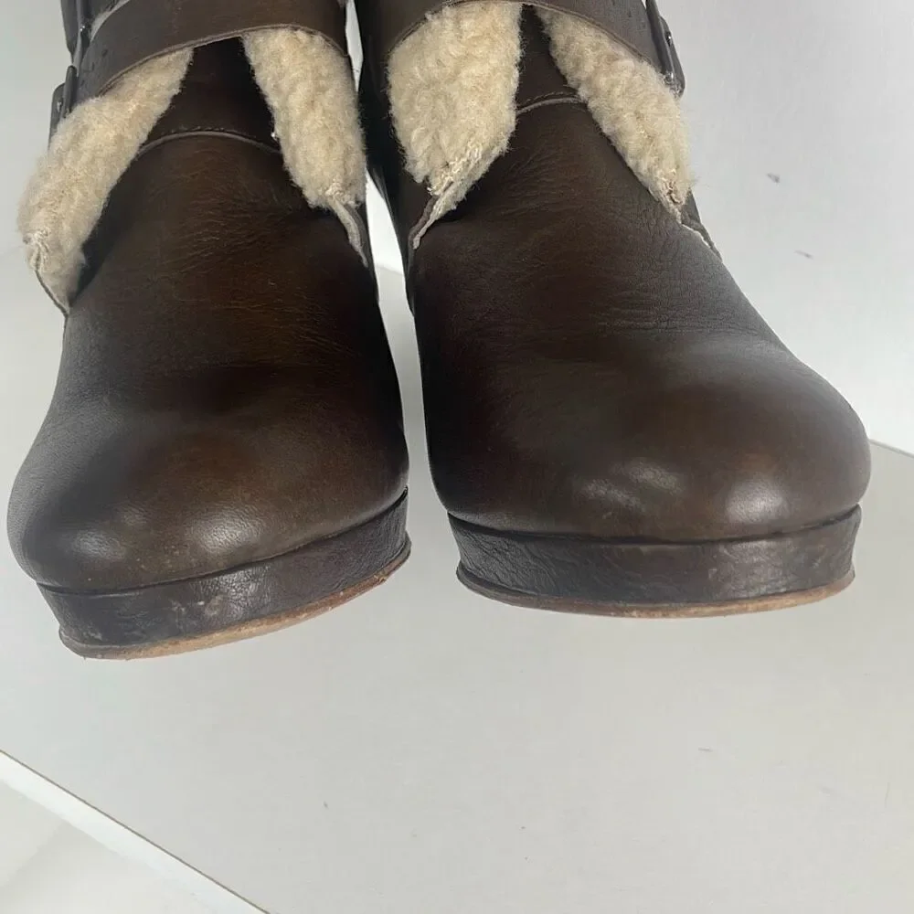 See by Chloe Leather Sherpa Trim Buckle Strap Ankle Boots REPAIR NEEDED 38.5